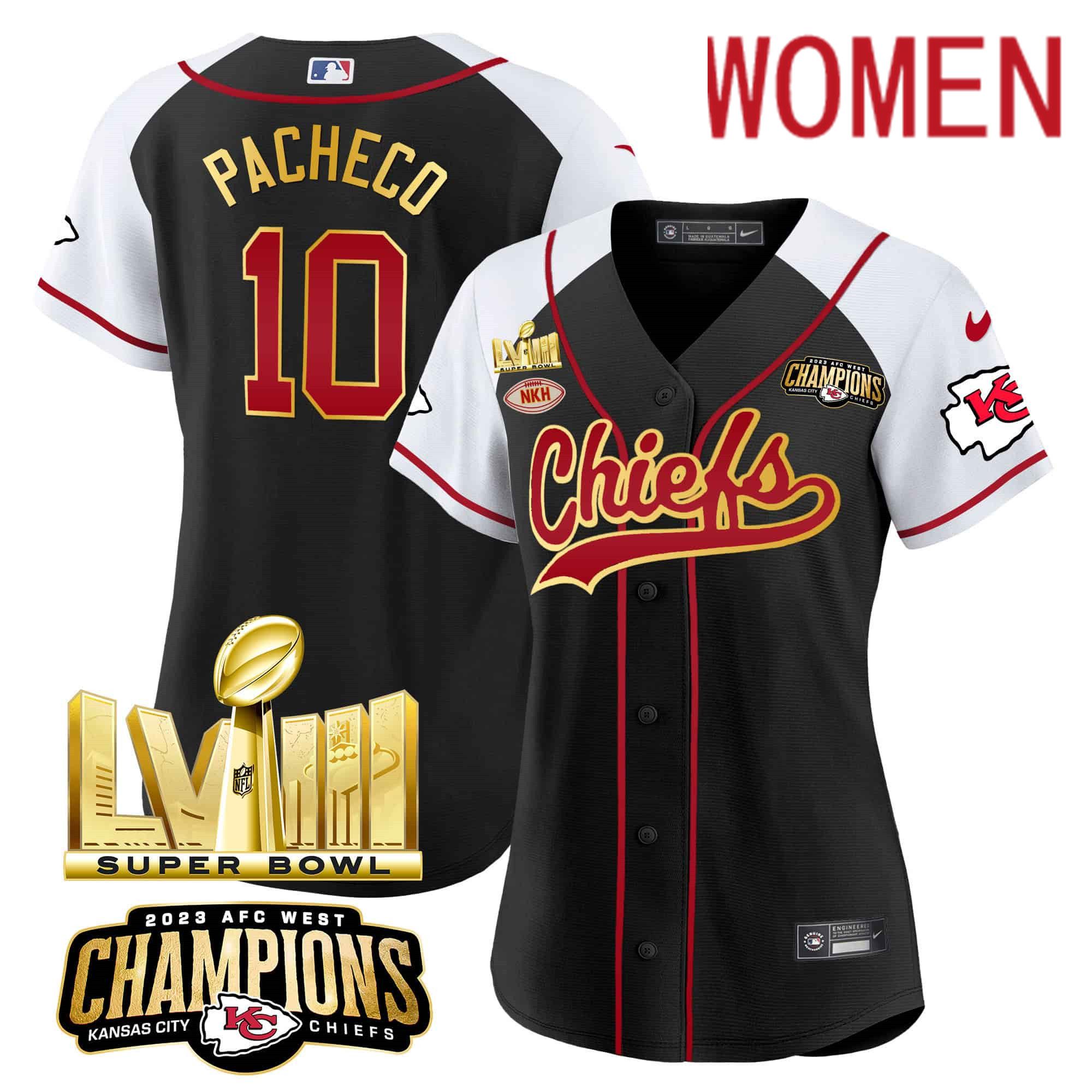 Women Kansas City Chiefs #10 Pacheco Black 2024 Nike Super Bowl LVIII Back-2-Back Gold Patch Baseball NFL Jersey style 1